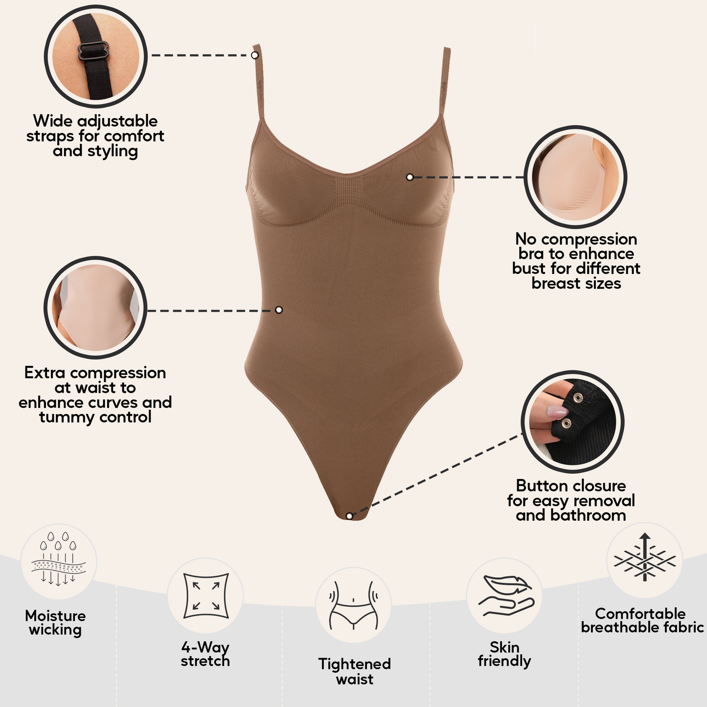 herslims Brown Seamless Bodysuit Thong Womens Tummy Control Compression Comfort Fabric