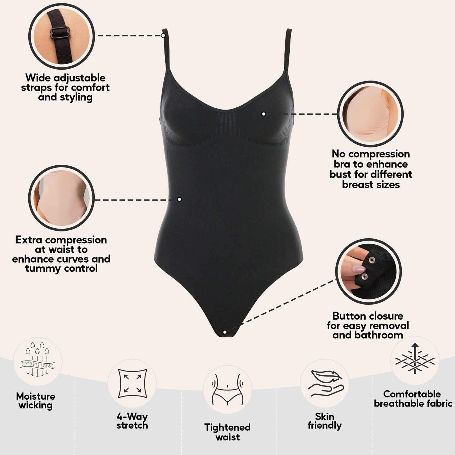 herslims Black Seamless Bodysuit Brief Womens Tummy Control Compression Comfort Fabric