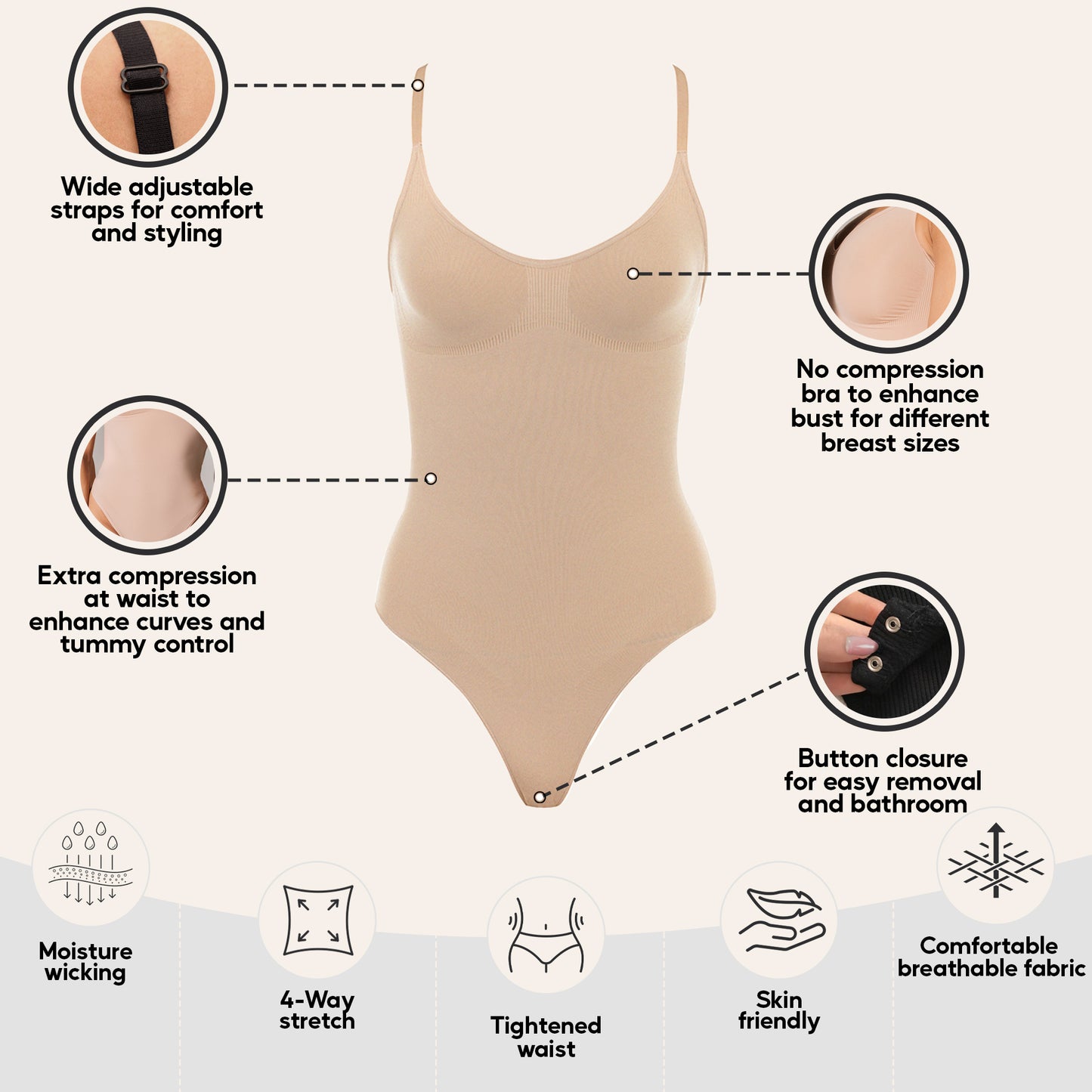herslims Beige Seamless Bodysuit Brief Womens Tummy Control Compression Comfort Fabric
