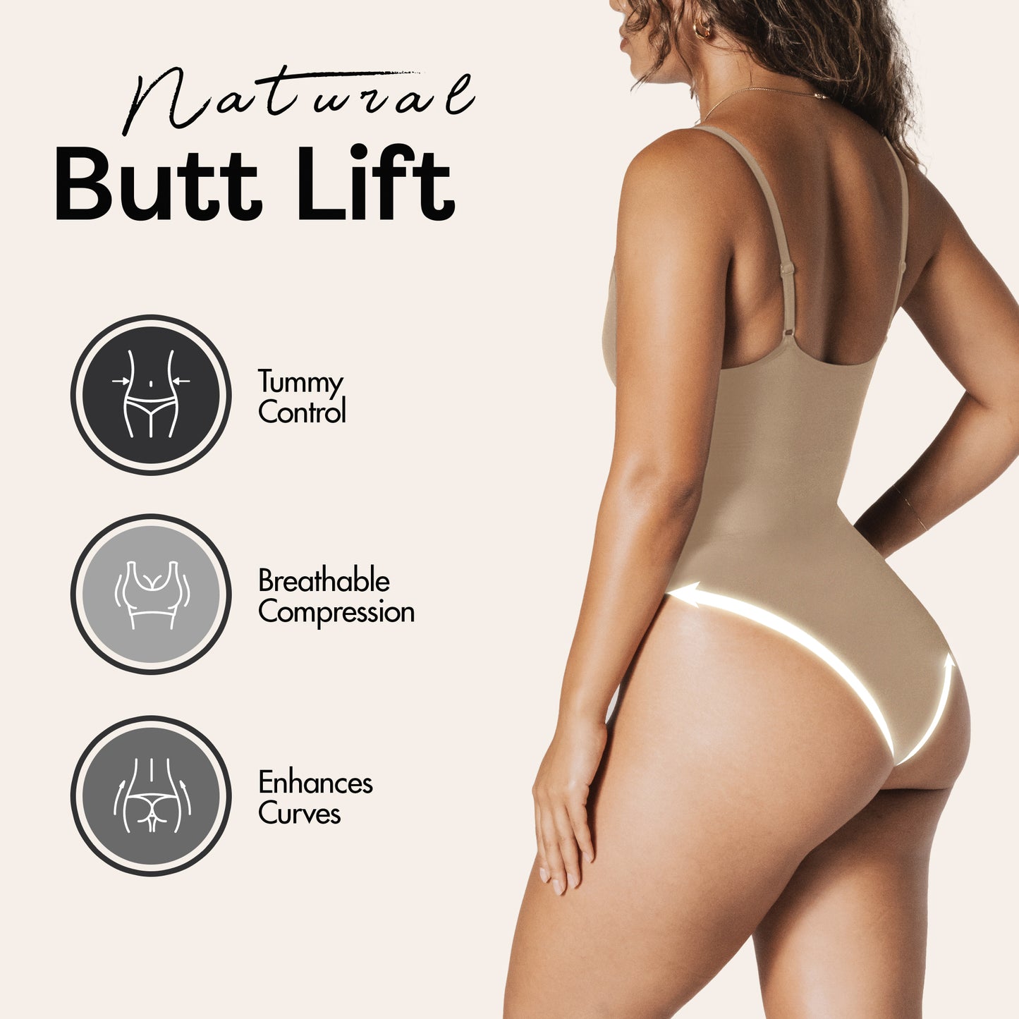 herslims Beige Seamless Bodysuit Brief Womens Tummy Control Compression Comfort Fabric