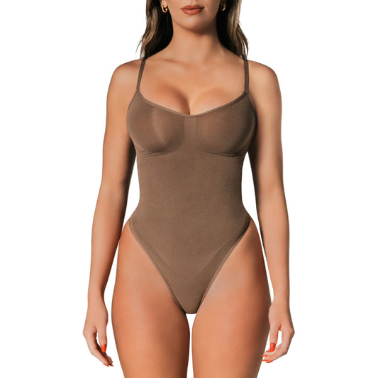 herslims Brown Seamless Bodysuit Thong Womens Tummy Control Compression Comfort Fabric