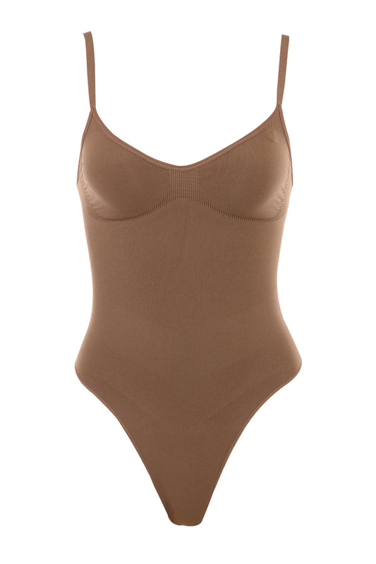 Slims Brown Seamless Bodysuit Thong Womens Tummy Control Compression Comfort Fabric