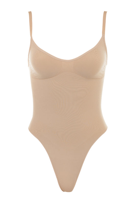 herslims Beige Seamless Bodysuit Thong Womens Tummy Control Compression Comfort Fabric