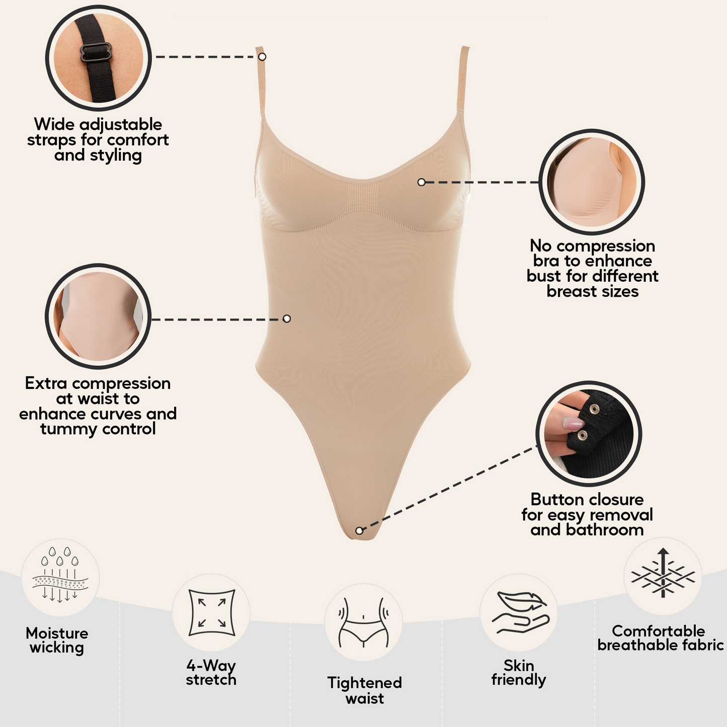 Slims Beige Seamless Bodysuit Thong Womens Tummy Control Compression Comfort Fabric